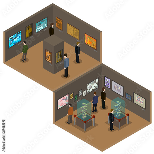 Vector isometric low poly museum or art gallery interior