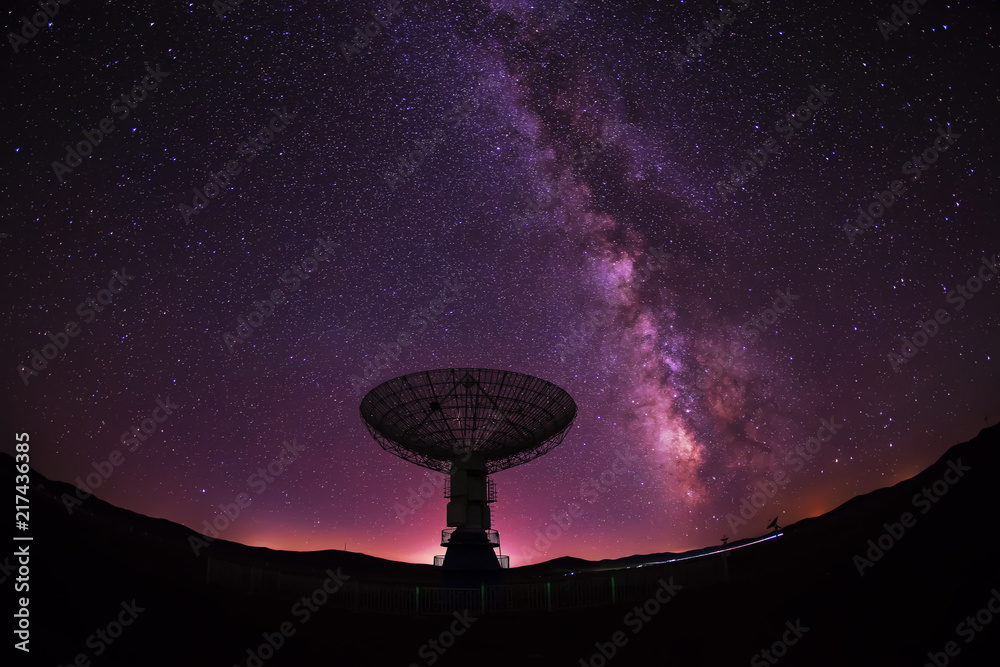 radio telescope on the background of stellar tracks radio telescope on the background of stellar tracks