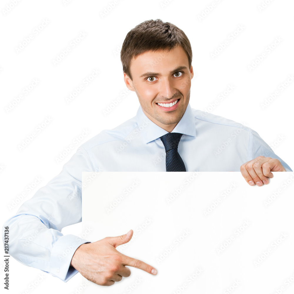 Businessman showing blank signboard, isolated Businessman showing blank signboard, isolated