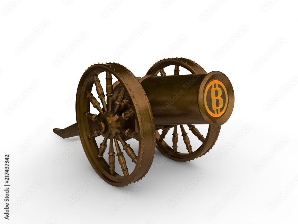 The image of the ancient medieval bronze cannon, and cryptocurrency Bitcoin. Gun shoots round coins Bitcoin. The idea of mining, development, reliability and protection. 3D rendering