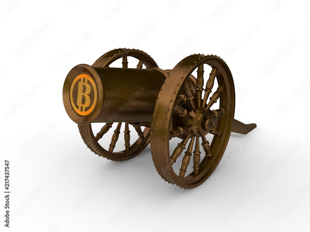 The image of the ancient medieval bronze cannon, and cryptocurrency Bitcoin. Gun shoots round gold coins Bitcoin. The idea of mining, development, reliability and protection. 3D rendering