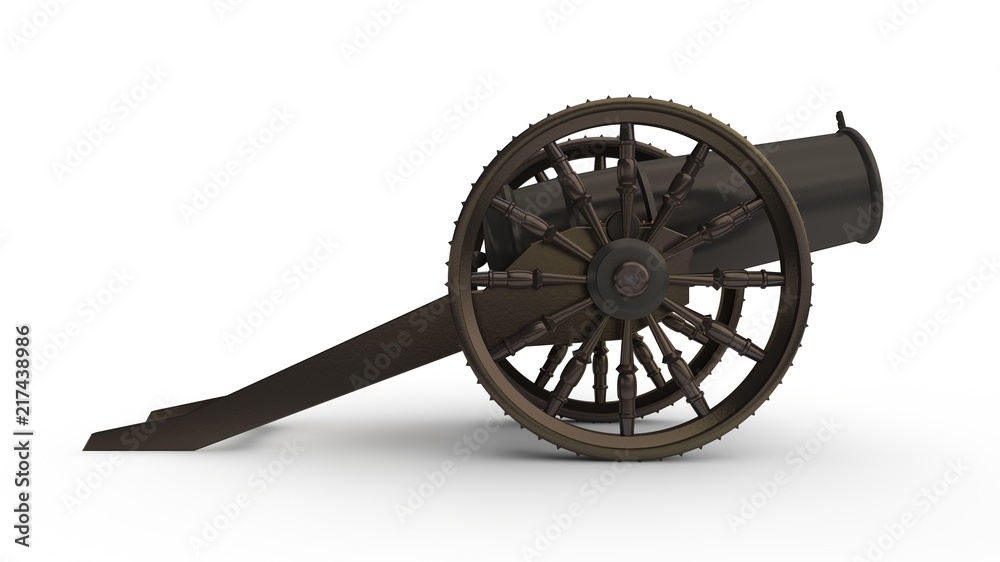 the image of the ancient cast iron cannon on wheels, cannon firing the nuclear cores. The idea of antiquity, the past, obsolete. 3D rendering