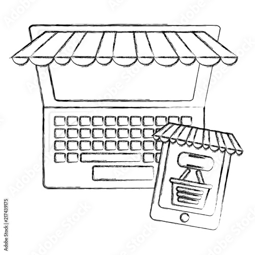 computer and cellphone shopping basket click buy online