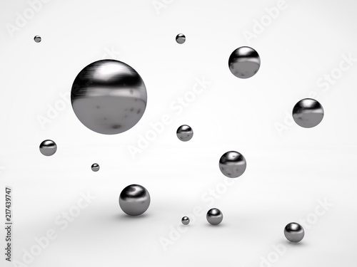 the image of the array floating in space metal of spheres, spheres with scratched surface, the idea of weightlessness, of order and beauty. Illustration on white background. 3D rendering