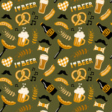 Hand drawn doodle style Beer and Food seamless pattern. Oktoberfest. Vector repeating wallpaper.