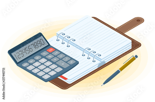 Flat vector isometric illustration of opened planner, pen, electronic calculator. Office and business workplace concept: paper agenda and accounting calculator. School, education workspace supplies.