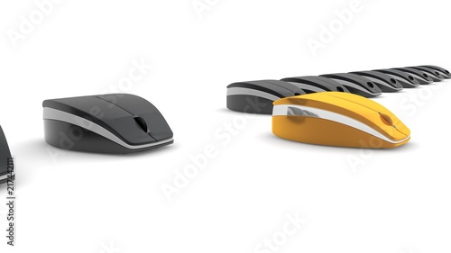 Image the many computer mice, standing in a row, black and one gold, the best is found. Mouse wireless, Bluetooth connection. The idea of winning the competition in quality. 3D rendering.