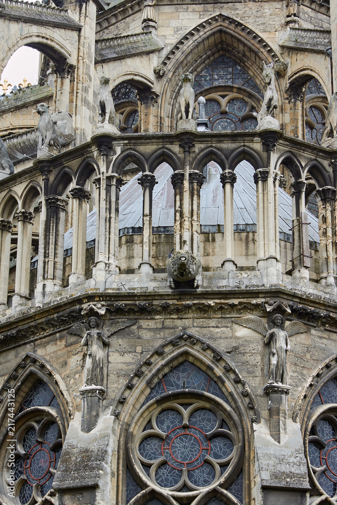 Stone sculptures on the facade of the cathedral Notre-Dame de Reims, France.