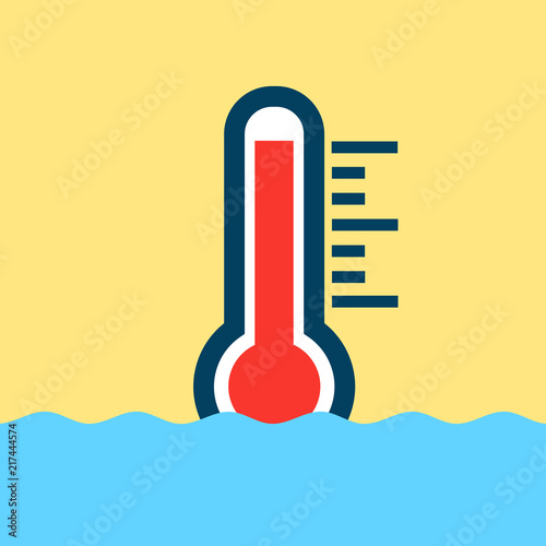 High temperature of the warm water - hot and boiling liquid is measured by thermometer. Vector illustration