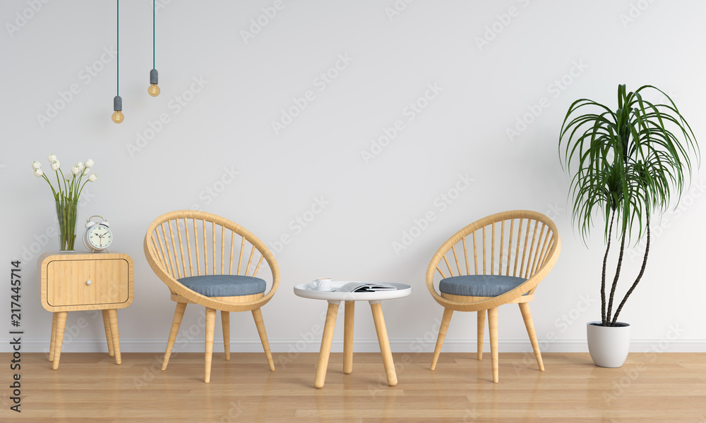 wood chair in white room for mockup, 3D rendering