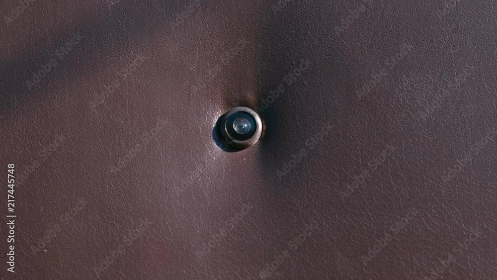 Door peephole on leather-lined door. Door peephole on leather-lined door.