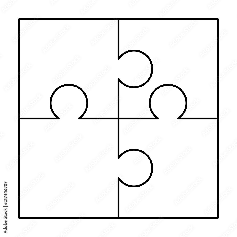 4 white puzzles pieces arranged in a square. Jigsaw Puzzle template ready  for print. Cutting guidelines on white Stock Vector | Adobe Stock