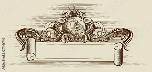 Skull and ornamental elements in retro style