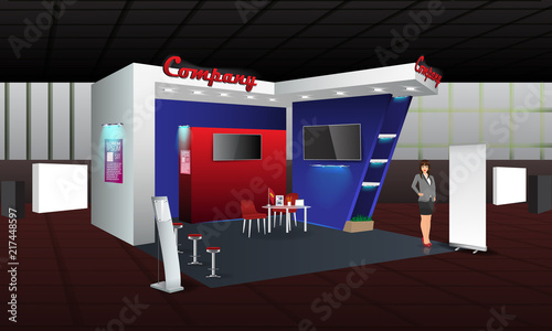 Exhibition stand display design with info board, roll up. Vector Trade booth template with Display Mock-up and corporate identity elements. Creative unique model.
