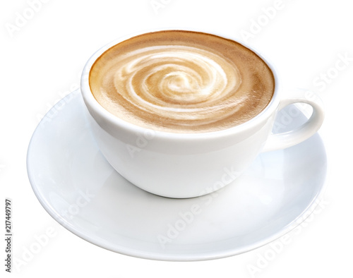 Hot coffee latte cappuccino spiral foam isolated on white background, clipping path included photo