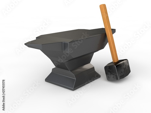 Fotografie The picture of the iron anvil and heavy hammer standing beside an anvil on a white background