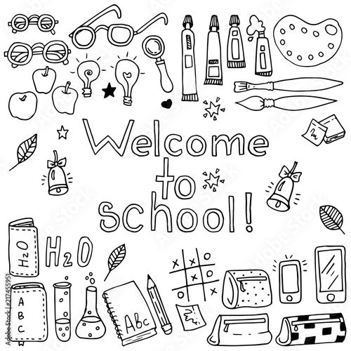 School elements set: globe, folders, calendar, card, diary, pencils, books, papers. Back to school background. in black and white style
