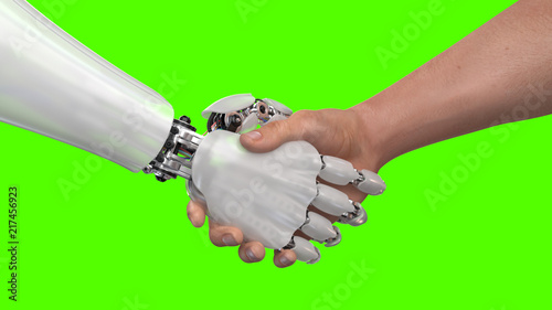 Robot and Man Shaking Hands on a green background. 3d render