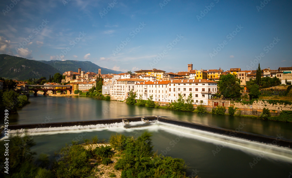 Panoramic view of the city with the wooden historic bridge Bassano del Grappa