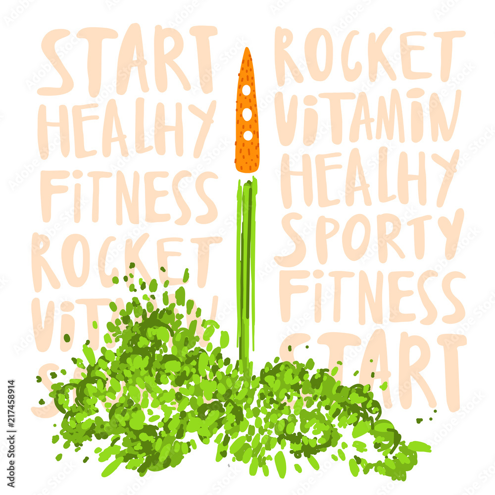 Illustration of the concept of a healthy lifestyle. Carrots with a halms, taking off like a rocket with lettering about Health, sport, lifestyle and vitamins. Starting new healthy life concept. Illustration of the concept of a healthy lifestyle. Carrots with a halms, taking off like a rocket with lettering about Health, sport, lifestyle and vitamins. Starting new healthy life concept.