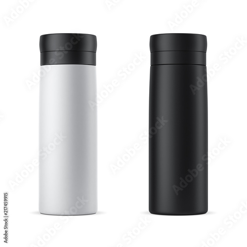 Blank white and black travel thermos Mockup isolated on white photo