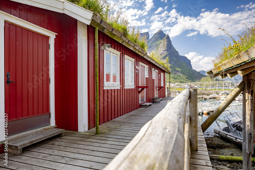 Red houses in a Norwegian fishing village in Reine, Lofoten Islands