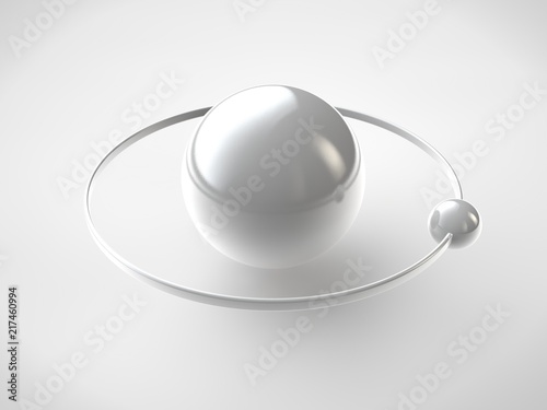 A stylized image of the model of the atom  platinum and silver  with an elliptical orbit and the rotating sphere. Abstraction of NAT white background. 3D rendering
