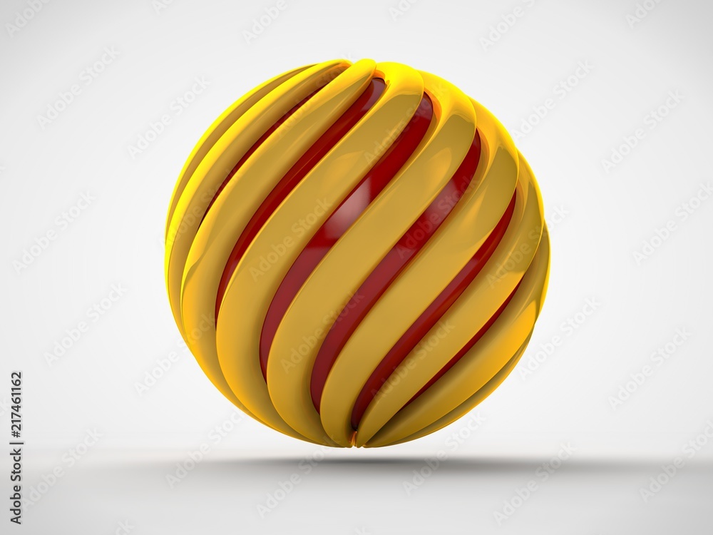 The image of a sphere formed of gold spiraled ribbons, inside of which is a red ball. The idea of harmony and perfection, success and prosperity. 3D rendering on white background