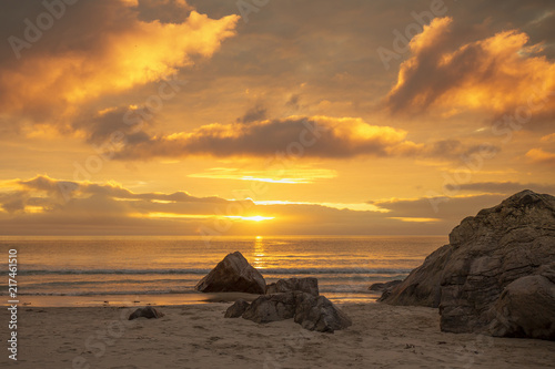 Amazing lovely sundown on the beach in Lofoten islands, Norway