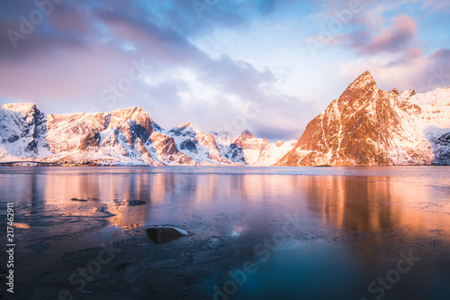Mountain Landscape covered with snow in Lofoten, Norway.