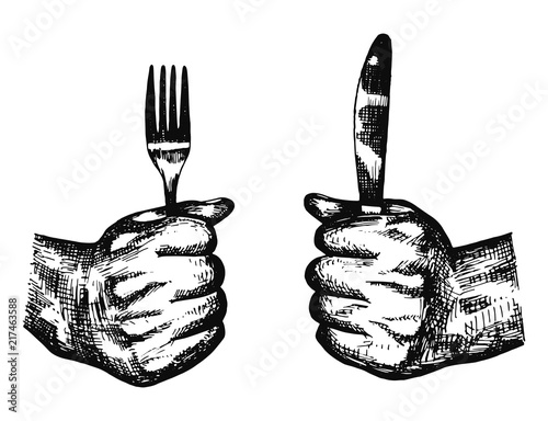 cutlery in hands silhouette black vector. fork and kitchen knife isolated objects
