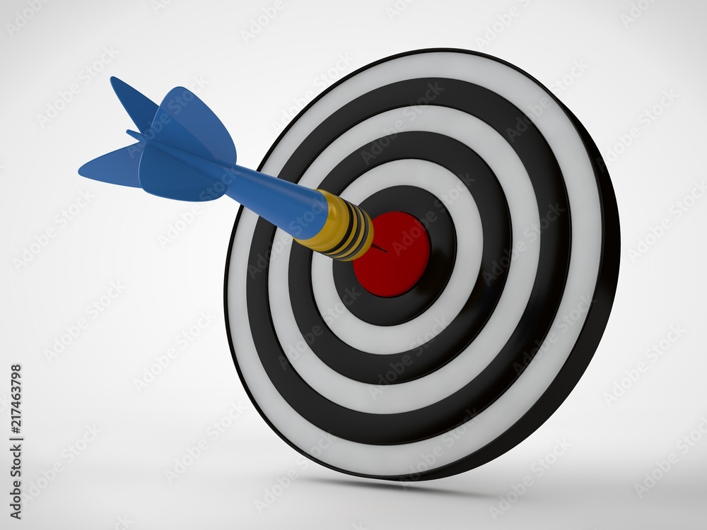 an image of a target of concentric brown rings and a dart hit the target. The image on a white background. 3D rendering. The idea of success and good luck.