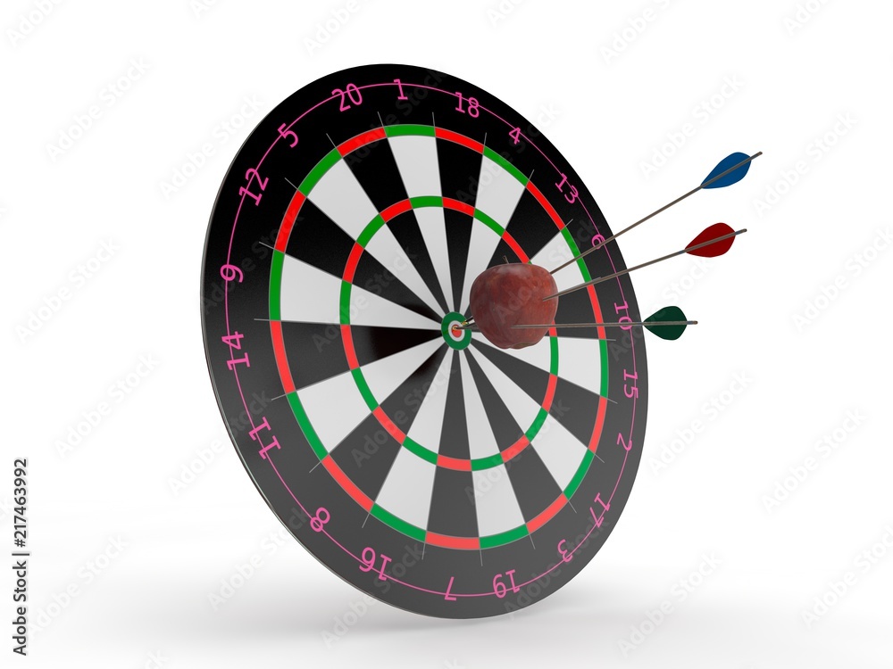 Obraz premium the image of the target for Darts and Apple in the center with the arrows hit the target. The image on a white background. 3D rendering. The idea of success and good luck.