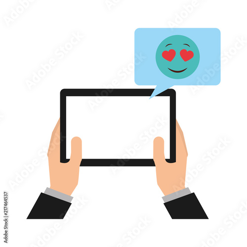 hands with tablet device and emoji kawaii in speech bubble