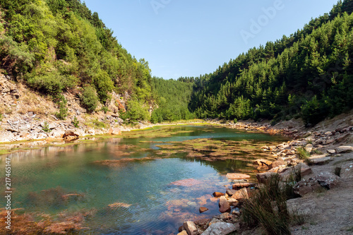 A beautiful shallow lake in a small canyon surrounded by forest and trees