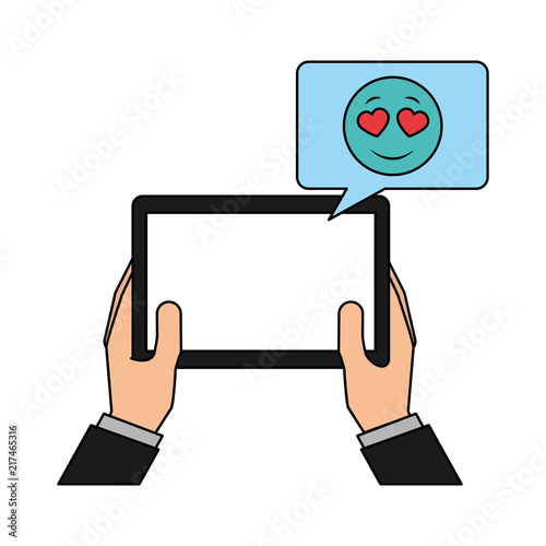 hands with tablet device and emoji kawaii in speech bubble