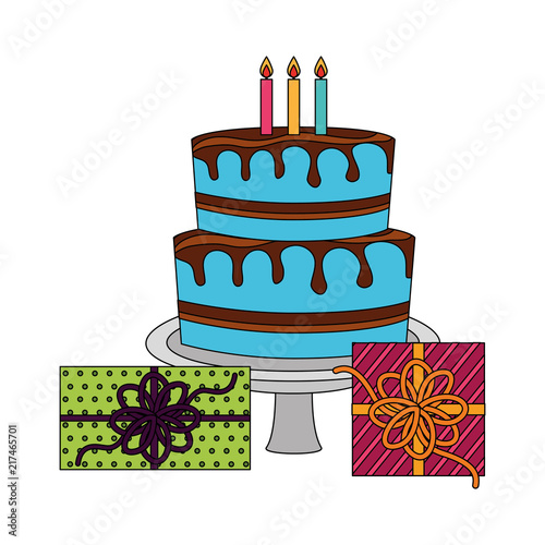 sweet cake with gift boxes present isolated icon