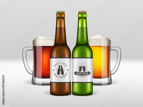 Realistic craft beer bottles and mugs. Vector craft beer poster with two glasses of dark and light beverages, green and brown bottles. Mockup banner for bar, brewery or pub.