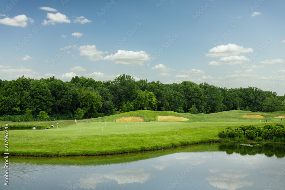 Mirror lake, lawn for golfing on golf course Mirror lake, lawn for golfing on golf course