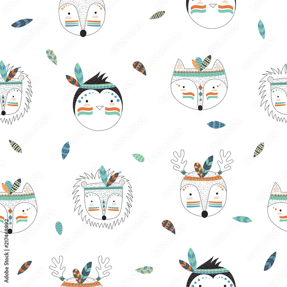 Vector seamless pattern with indian tribal animals faces