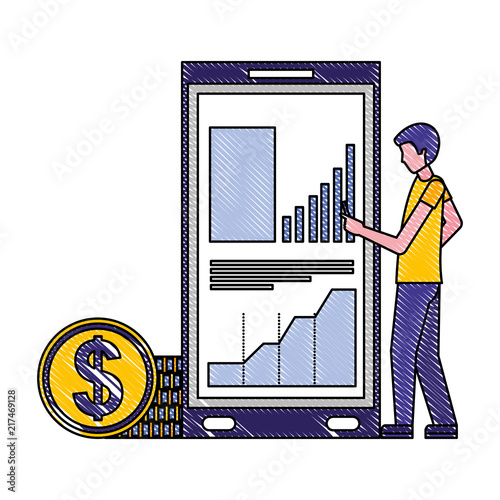 businessman with cellphone statistics diagram coins money vector illustration