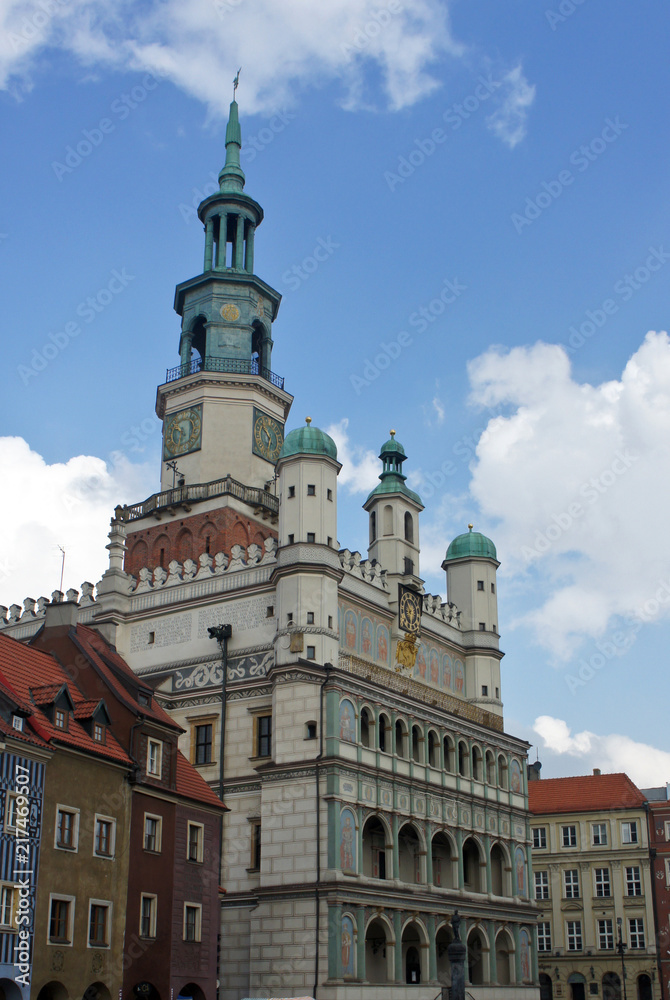 Town hall (Ratusz Poznanski) in old town of the city, market square, sunny day, Poznan, Poland