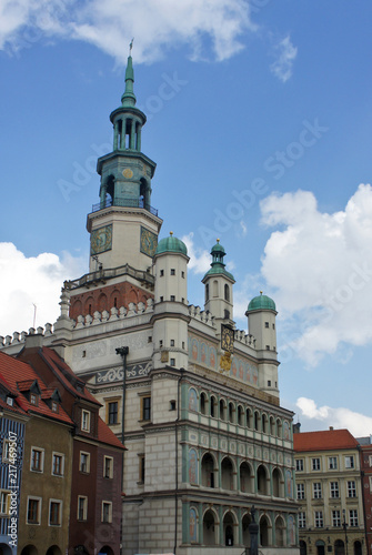Town hall (Ratusz Poznanski) in old town of the city, market square, sunny day, Poznan, Poland
