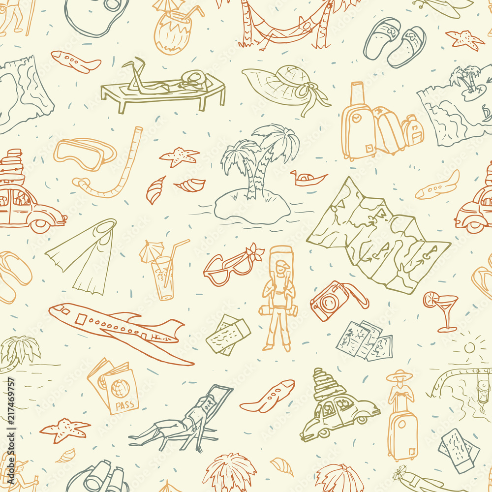 Travel seamless background. Hand drawn vector pattern