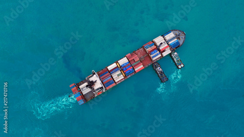 Aerial view cargo ship or shipping container for import export and transportation background.