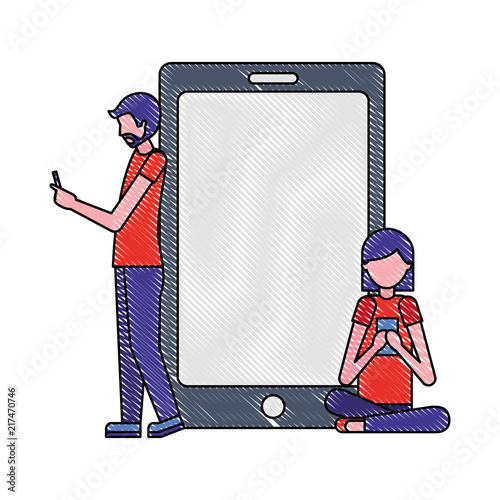 man and woman using cellphones devices smartphone vector illustration