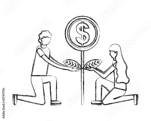 man and woman with plant growth coin money vector illustration hand drawing