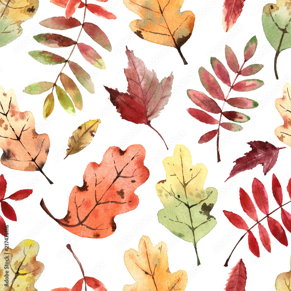 Obraz premium Watercolor pattern with bright autumn leaves.