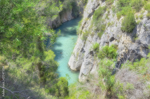 Tourist village of Montanejos (Castellon - Spain). Mijares, mountain river with thermal and medicinal waters. Near to swimming area of 
