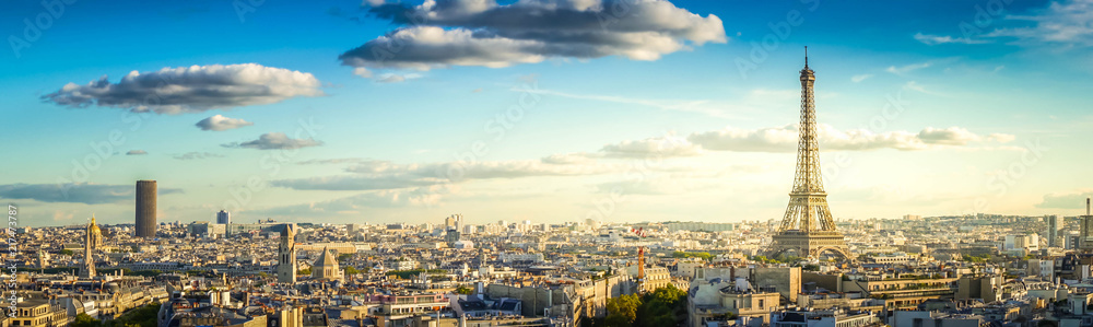 Naklejka premium panorama słynnego dachu Eiffla i Paryża, Paryż Francja, stonowanych retro
